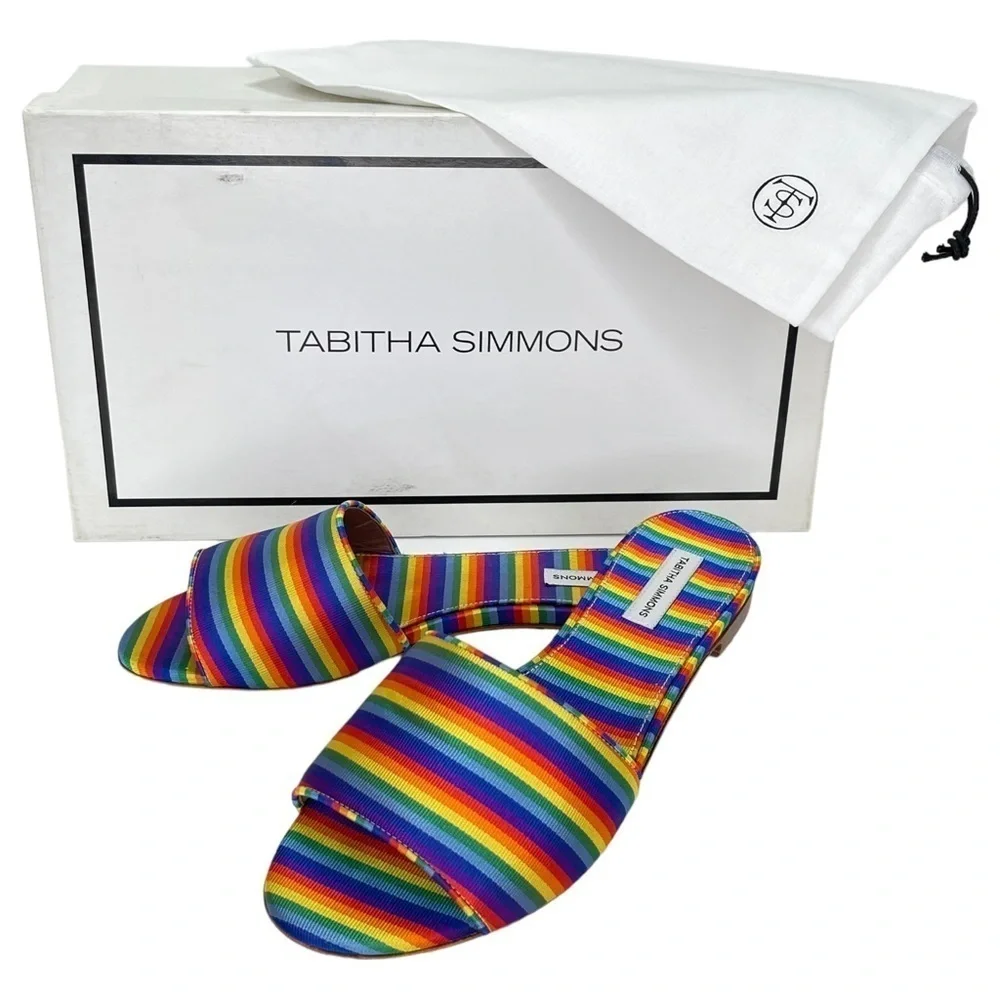 Tabitha Simmons Womens Slide Sandals EU 36 US 6 Sprinkles Rainbow Stripe Silk - Picture 12 of 13